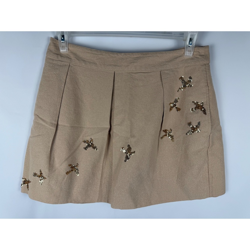 Tan Metallic Sequin Bird Mini Skirt Leifnotes Size 12 - Picture 2 of 9